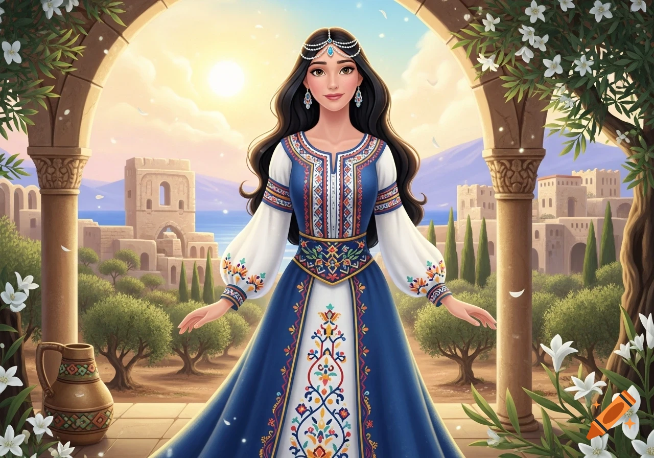 Disney-style princess with long dark hair, wearing a blue and white embroidered dress and a jeweled headpiece, standing under an archway overlooking an ancient city by the sea at sunset.