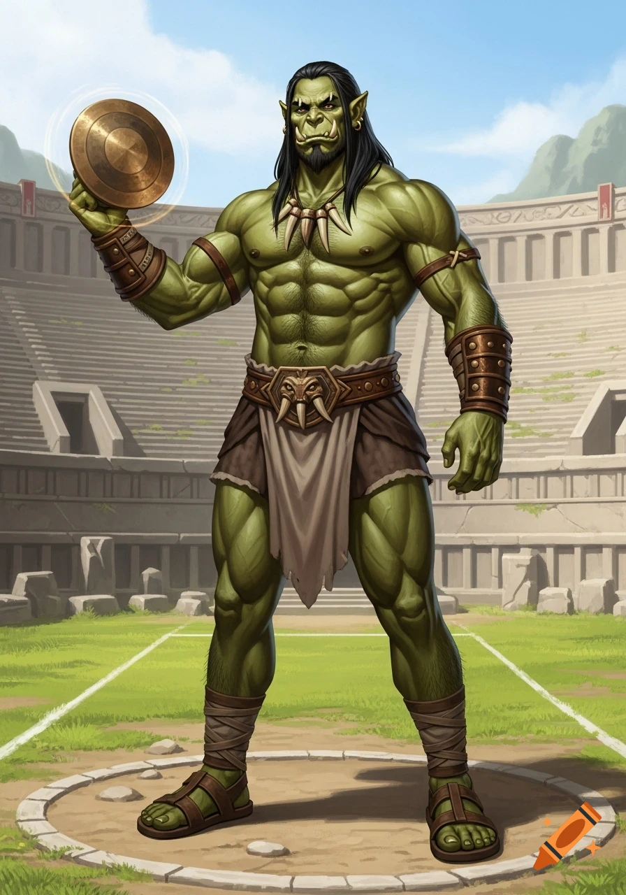 A muscular green orc with long black hair and a short beard stands in an ancient stadium, holding a bronze throwing disc.