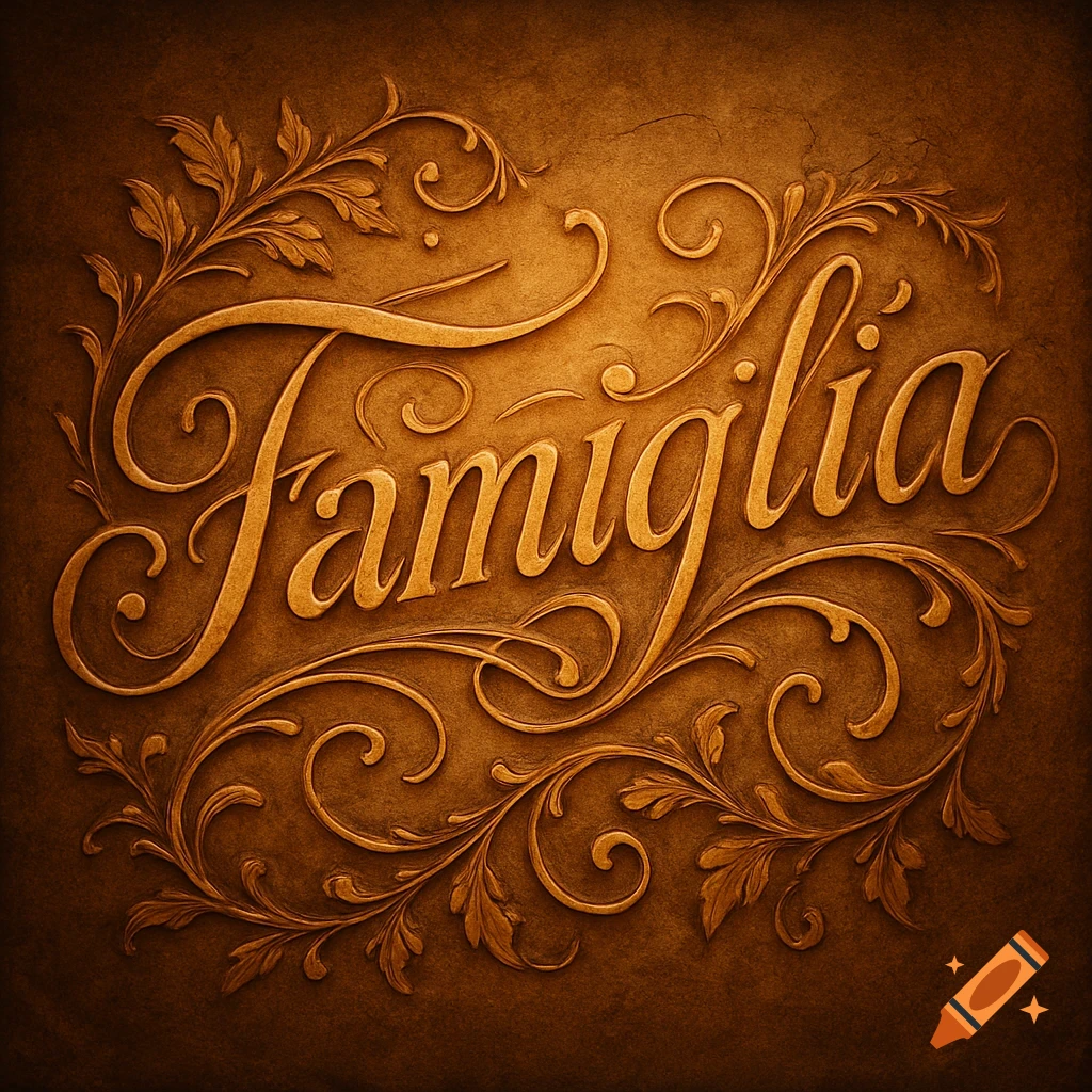 Ornate embossed gold 'Famiglia' lettering with intricate floral scrollwork on a brown background.