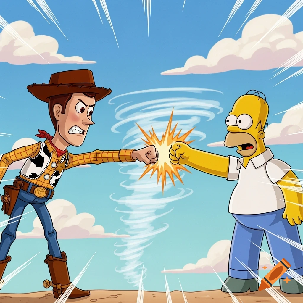 Woody from Toy Story and Homer Simpson angrily punch each other, cartoon style, with a swirling energy effect between their fists.