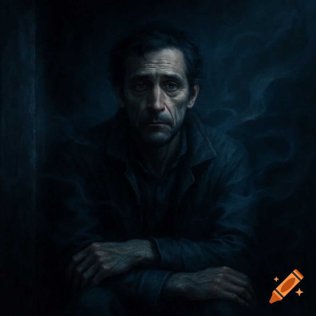 A close-up, dark and dramatic portrait of a man with a melancholic expression, seated with crossed arms amidst subtle smoky blue tendrils.