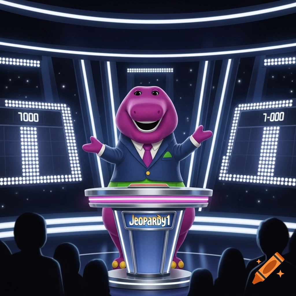 Barney the Dinosaur in a suit hosting the game show Jeopardy, standing behind a podium with scoreboards in the background.