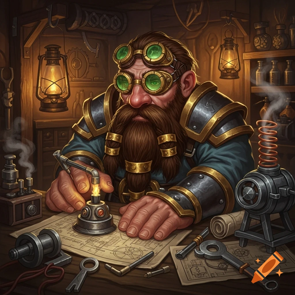 A bearded dwarf artificer wearing green goggles works on a glowing device on a workbench, surrounded by tools and blueprints in a dimly lit fantasy workshop.