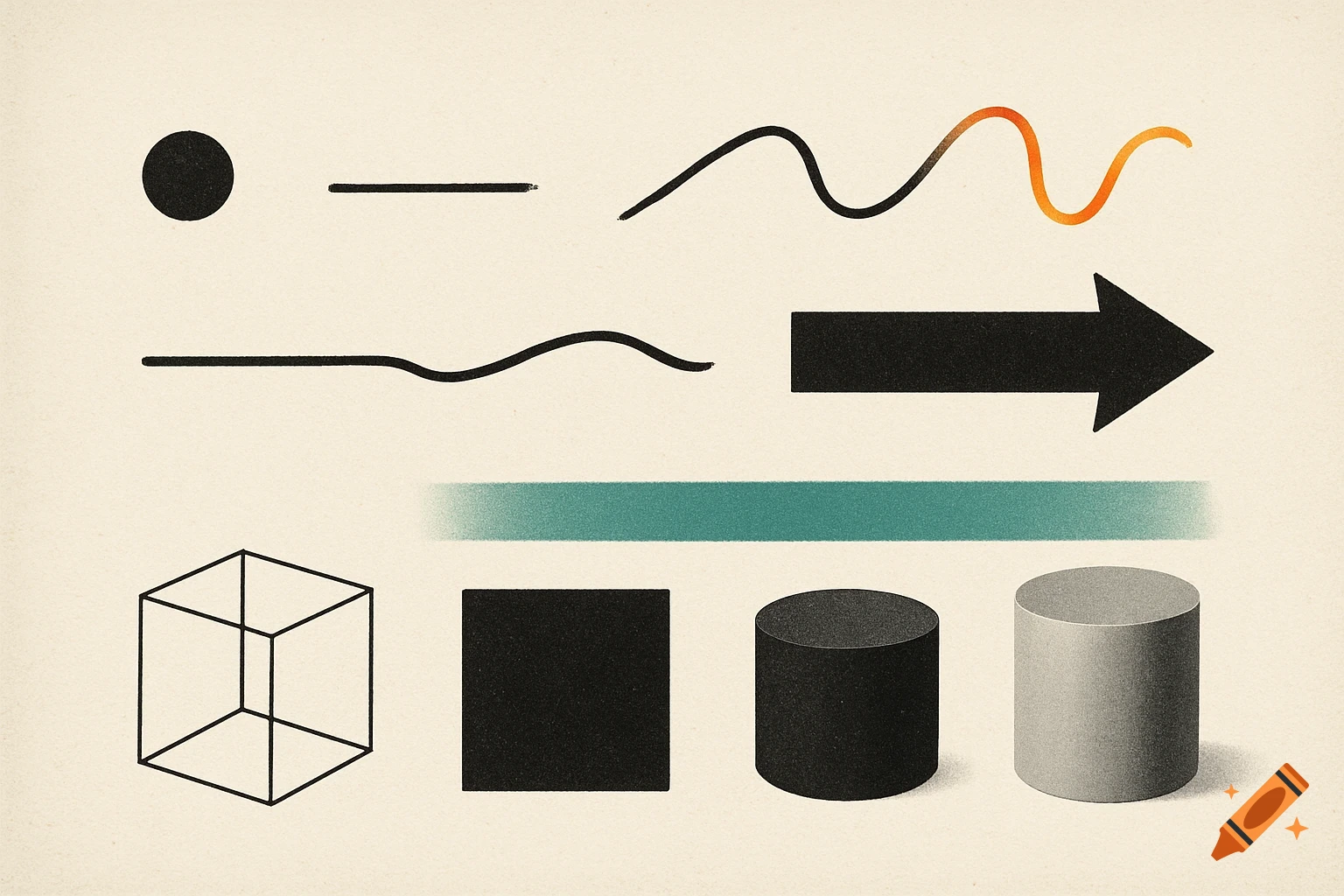 Abstract illustration of graphic design elements: a black dot, lines, an orange wavy line, an arrow, a teal gradient, a cube outline, and two cylinders on a textured background.