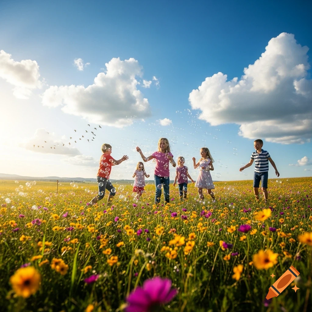 Children playing with bubbles in a sunny field of wildflowers under a bright blue sky, with birds flying in the distance.