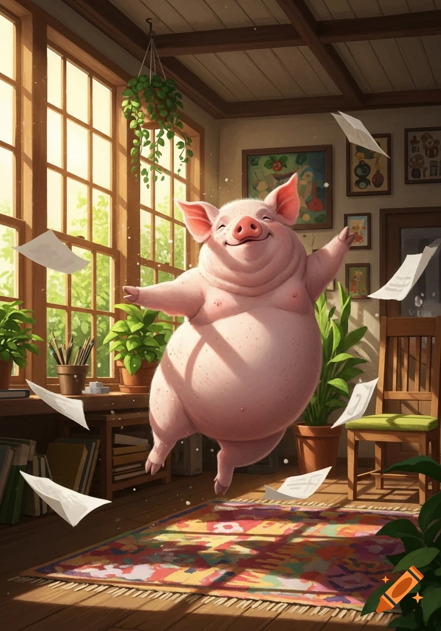 A joyful, plump pink cartoon pig jumps happily in a sunny, cozy room with plants and papers floating around.