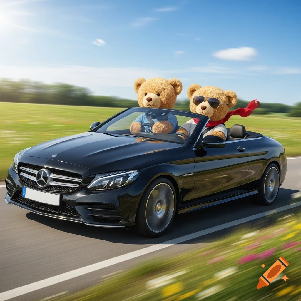 Two teddy bears in a black Mercedes-Benz convertible speeding down a road through a green field. One bear wears sunglasses and a red scarf.