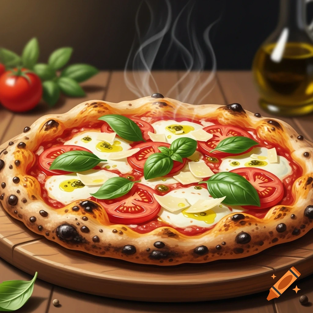 Steaming hot Neapolitan pizza Margherita with fresh basil, sliced tomatoes, mozzarella, and olive oil on a wooden board, photorealistic.