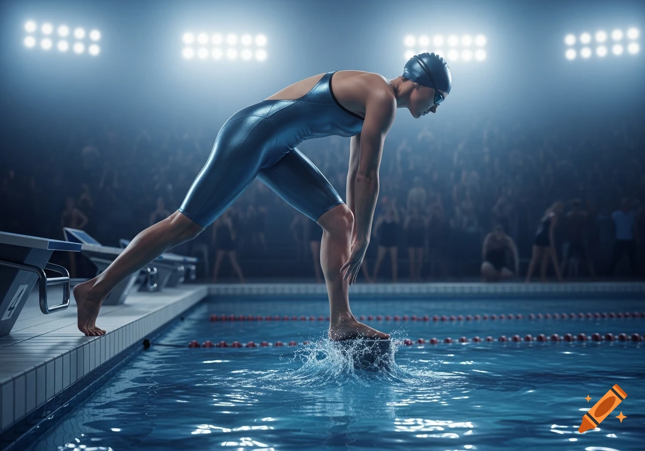 Female swimmer in a sleek suit poised on a starting block at an indoor pool, ready to dive, with spotlights and crowd in the background.