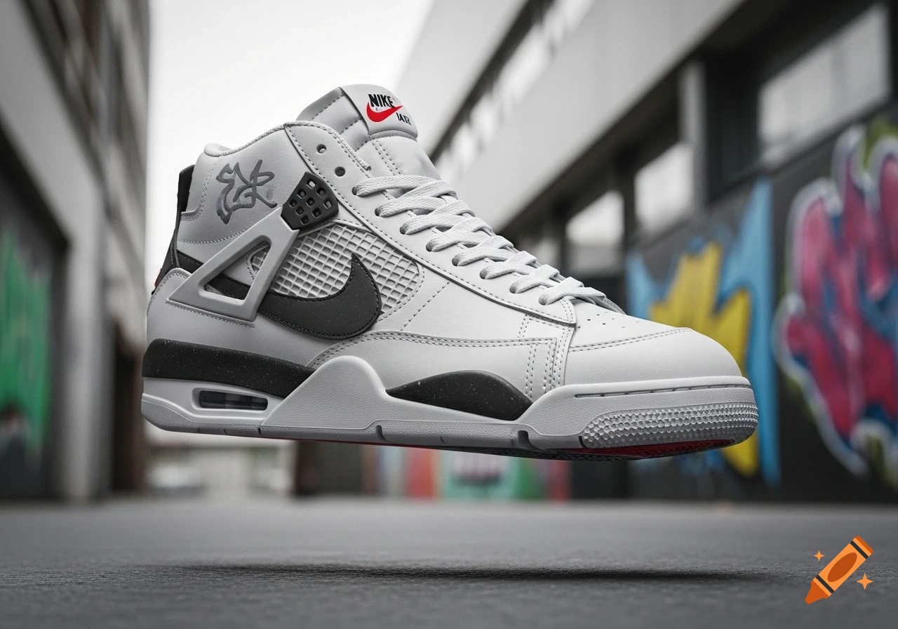A grey and black customized Nike sneaker, a hybrid of Blazer and Jordan 4 styles, floats above dark pavement with blurred graffiti walls in the background.