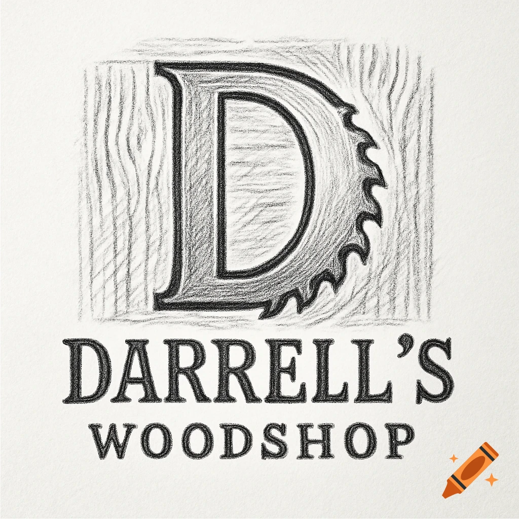 Pencil sketch logo for Darrell's Woodshop, featuring a stylized letter D shaped like a saw blade against a wood grain texture.