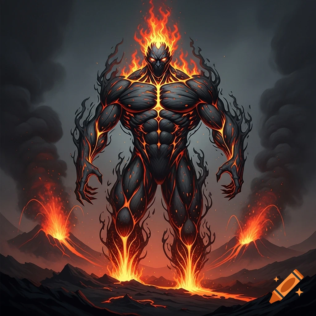 A powerful, muscular humanoid monster made of black rock and glowing orange fire, standing in a volcanic landscape with erupting volcanoes.