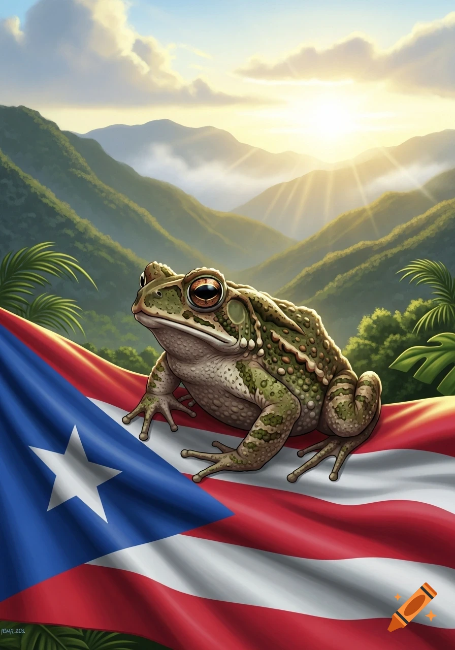 A detailed illustration of a toad frog sitting on a flowing Puerto Rican flag, with green mountains and a bright sunrise in the background.