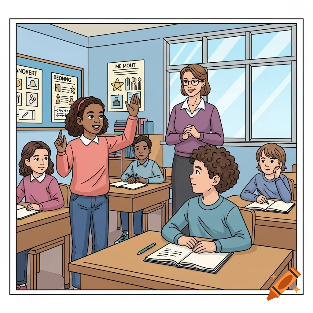 A diverse group of students and a teacher in a classroom, one girl raising her hand to speak, in a comic strip style.