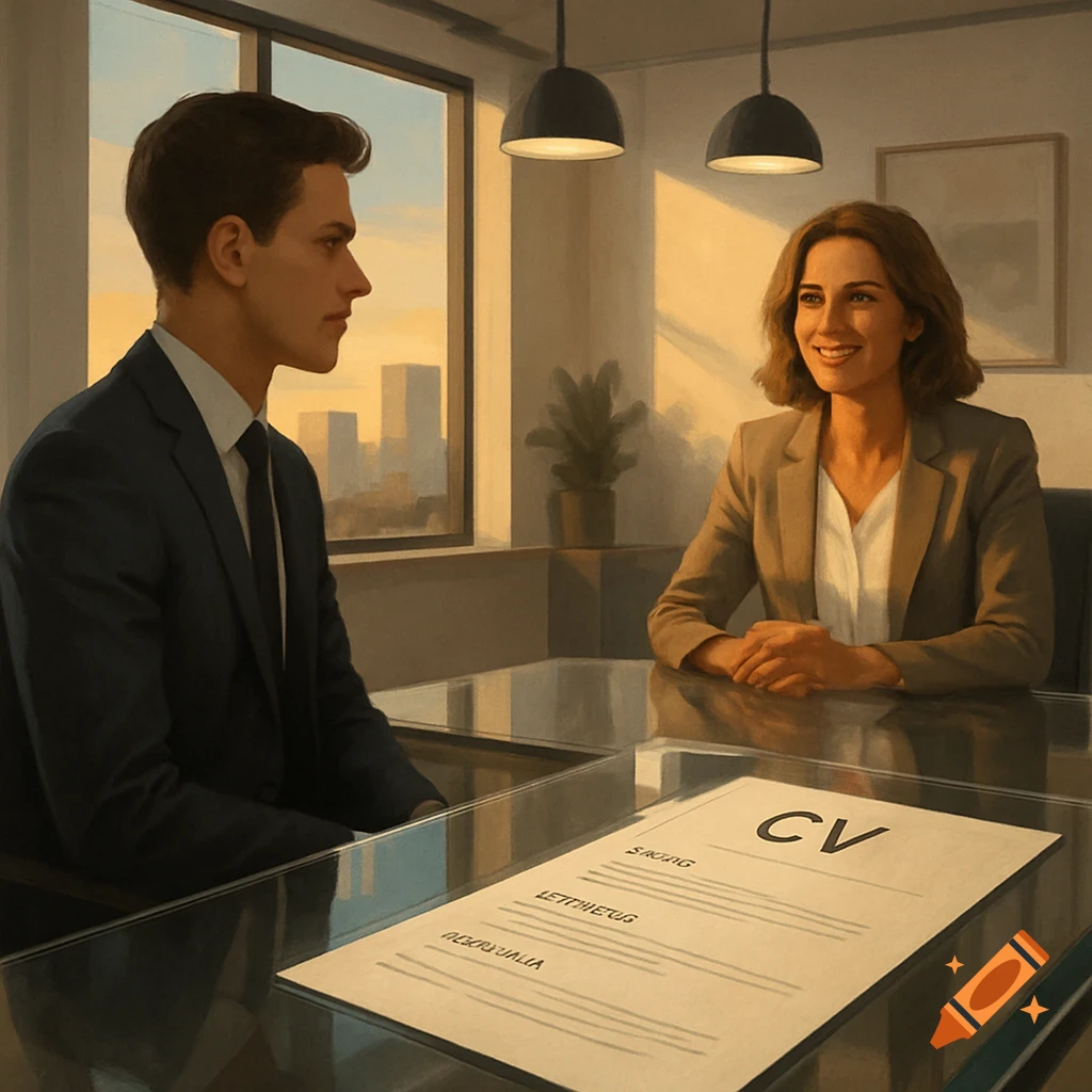 Two people, a man in a suit and a woman in a blazer, sit across a glass table in an office, facing each other. A document with 'CV' is on the table.