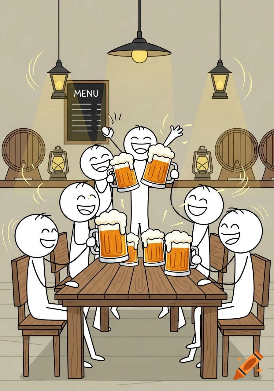 Cartoon stick figures cheer with beer mugs at a wooden table in a lively bar setting.