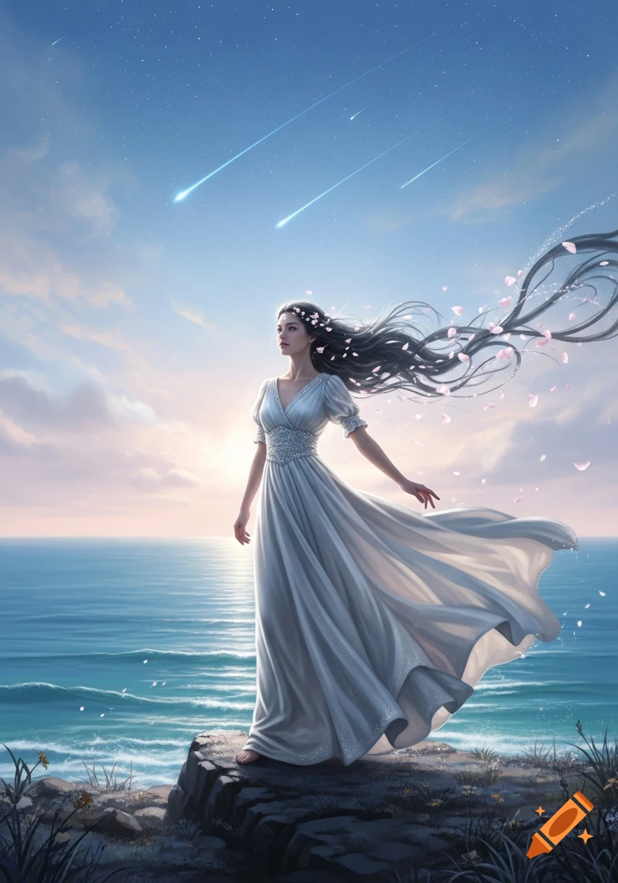 A digitally painted woman in a white dress stands on a cliff ...