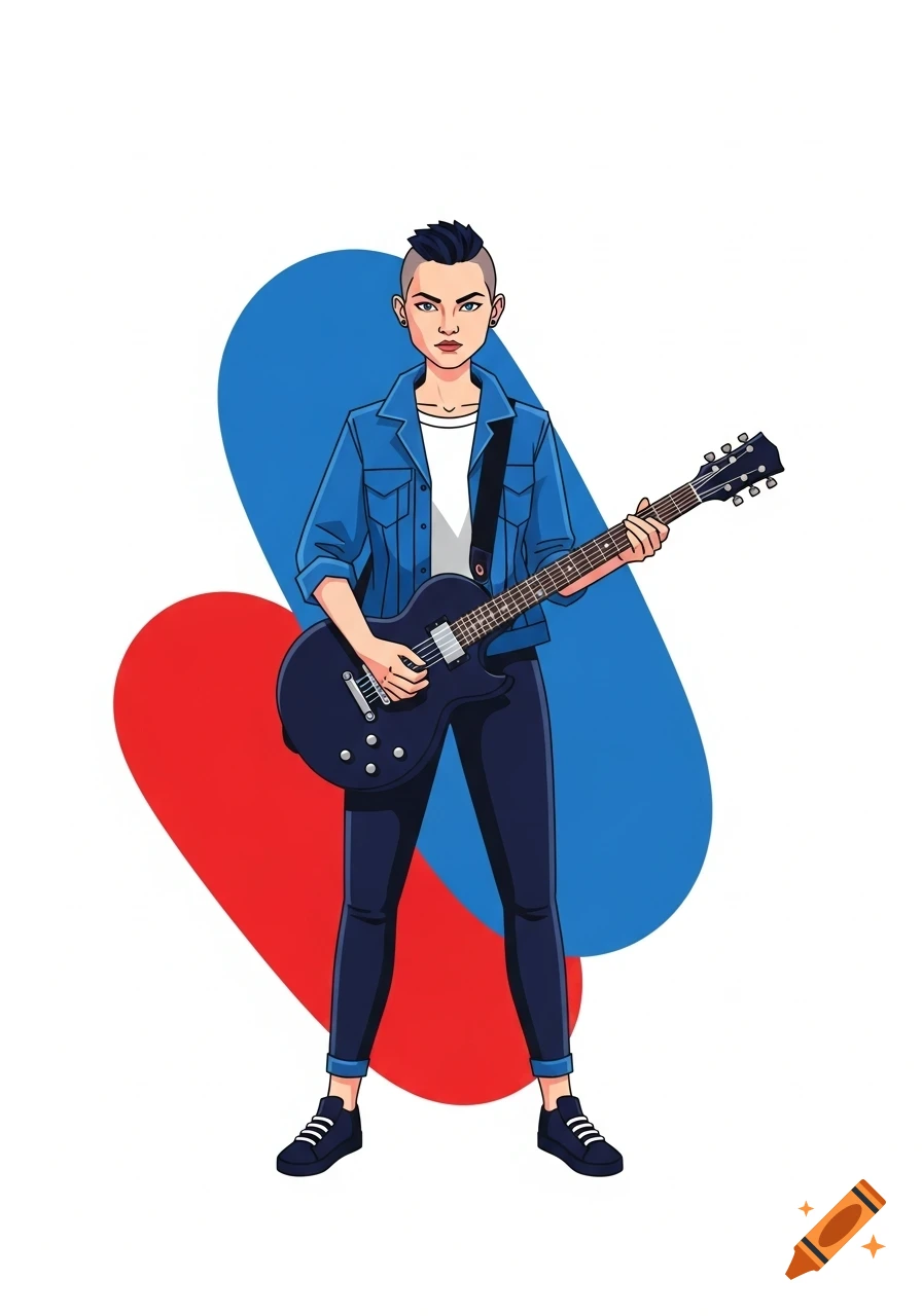 An illustration of a female guitarist with a buzz cut, wearing a blue denim jacket, playing a black electric guitar against red and blue abstract shapes.
