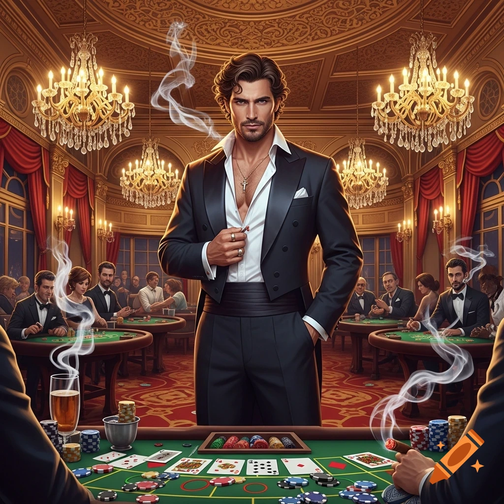 A man in a tuxedo with an open shirt stands confidently in a grand casino, surrounded by other gamblers at card tables. Smoke curls from cigars and drinks sit on the green felt tables.
