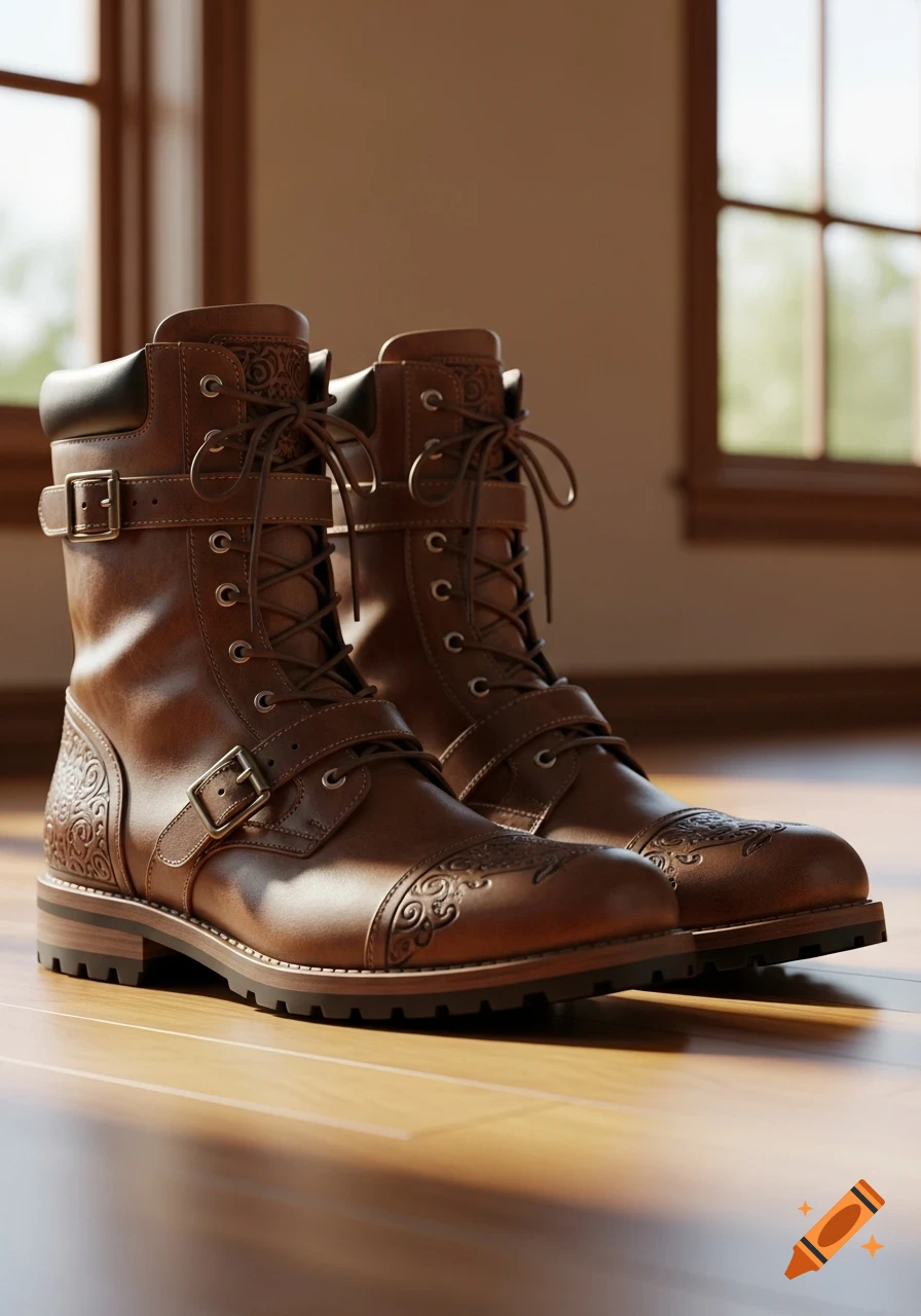 A pair of photorealistic brown leather men's boots with ornate patterns, laces, and buckles, resting on a wooden floor.