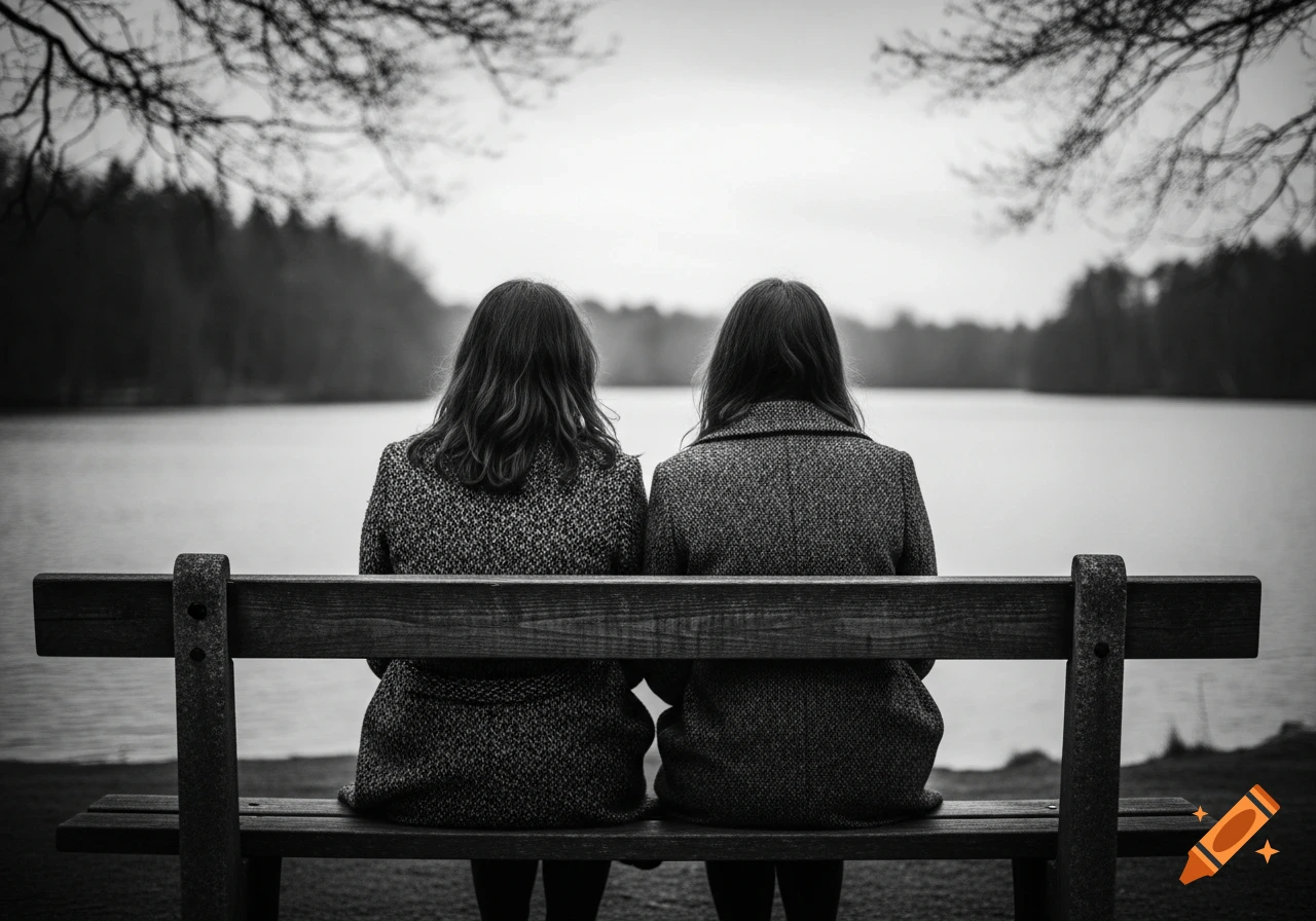 Black and white photo of two women sitting on a park bench facing a ...