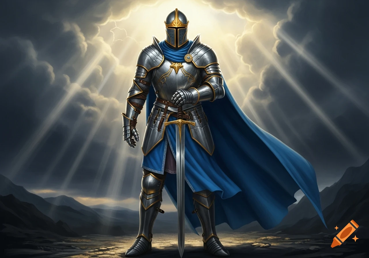 A knight in shining full plate armor and blue cape stands with a sword in a barren landscape under a dramatic, sun-drenched cloudy sky.
