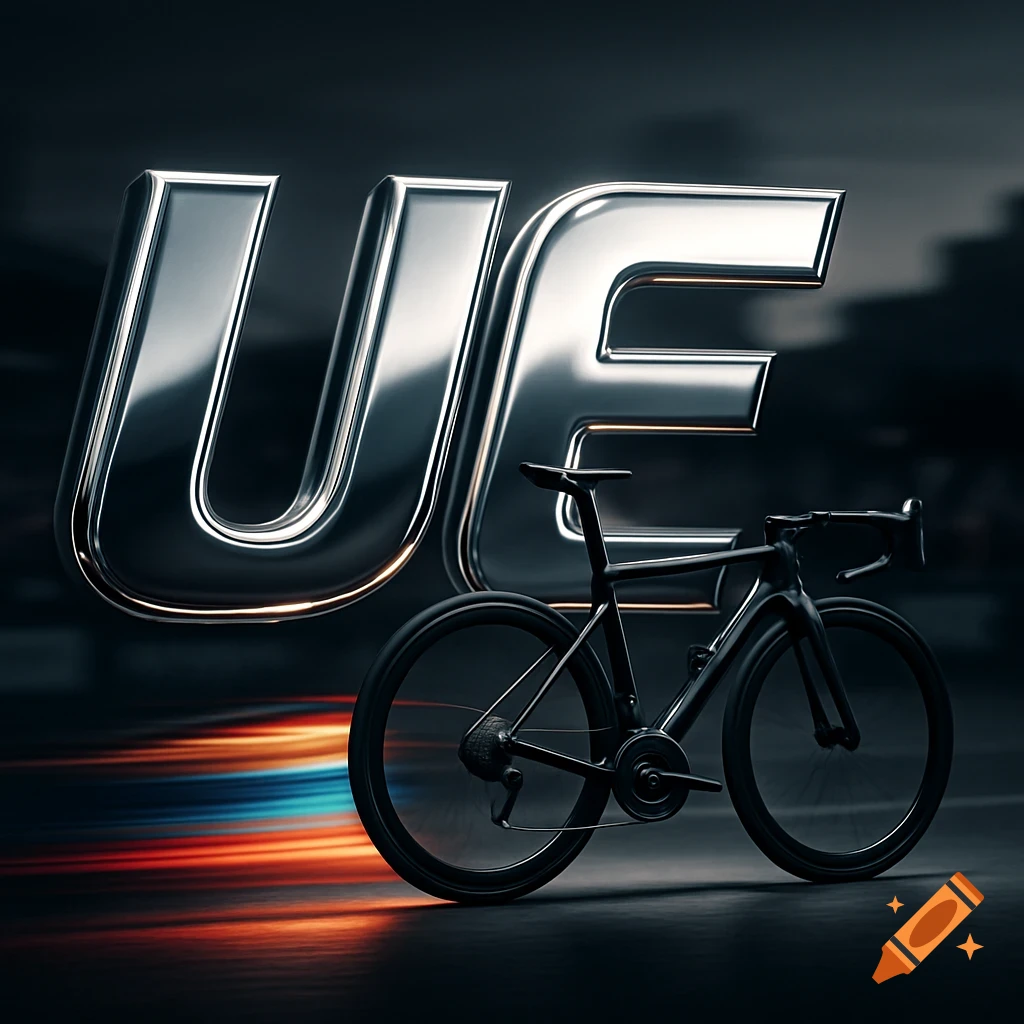 Large metallic 'UE' letters next to a sleek black racing bicycle with motion blur in a dark setting.