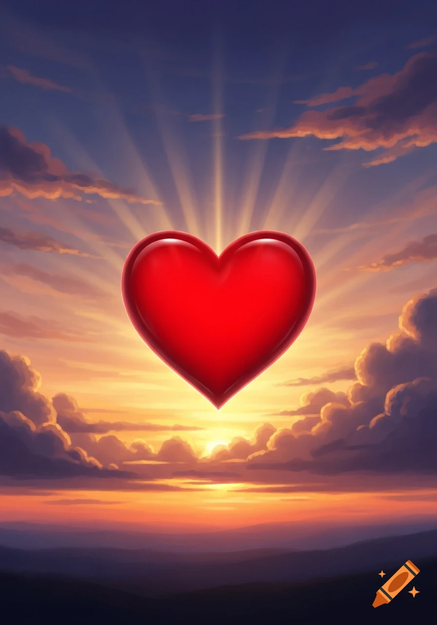 A glossy red heart floats above a vibrant sunset sky with orange and purple clouds, light rays emanating from behind it.