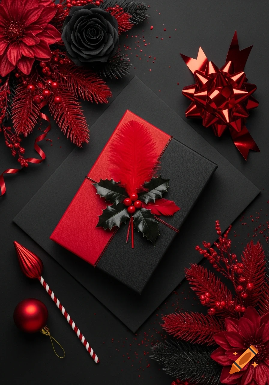 A luxurious red and black holiday arrangement with a gift box, holly, feather, rose, bow, and ornaments on a dark background.