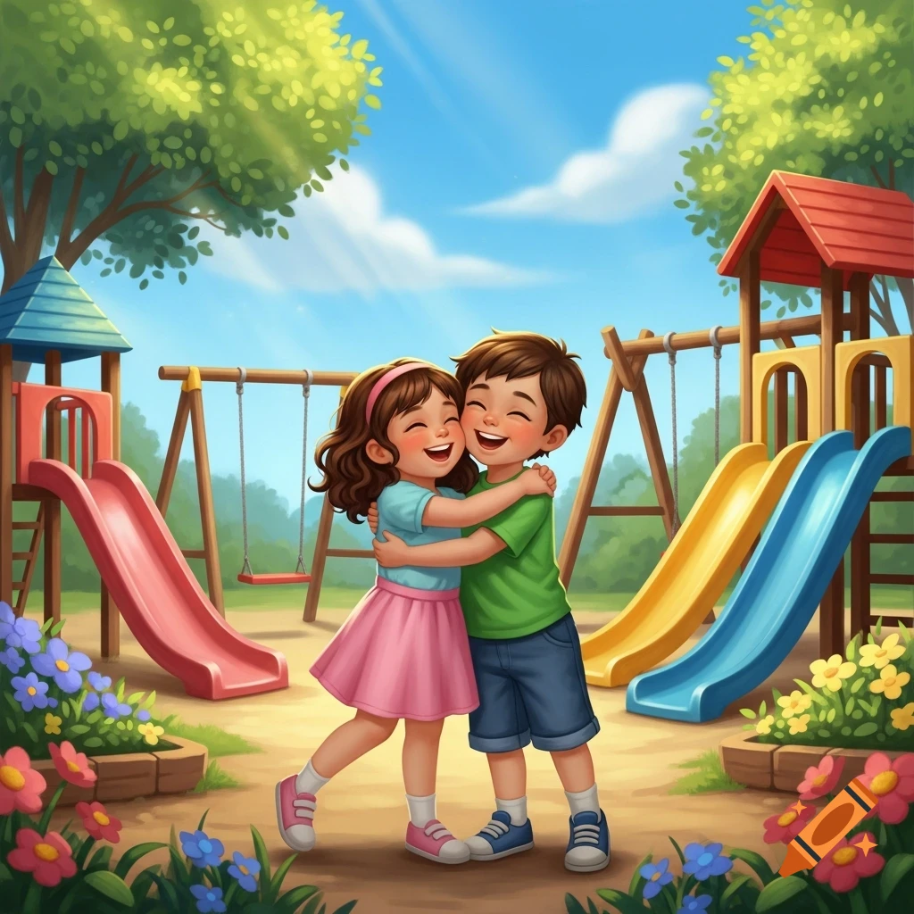 Two happy children hug in a bright, colorful cartoon playground with slides and swings under a blue sky.