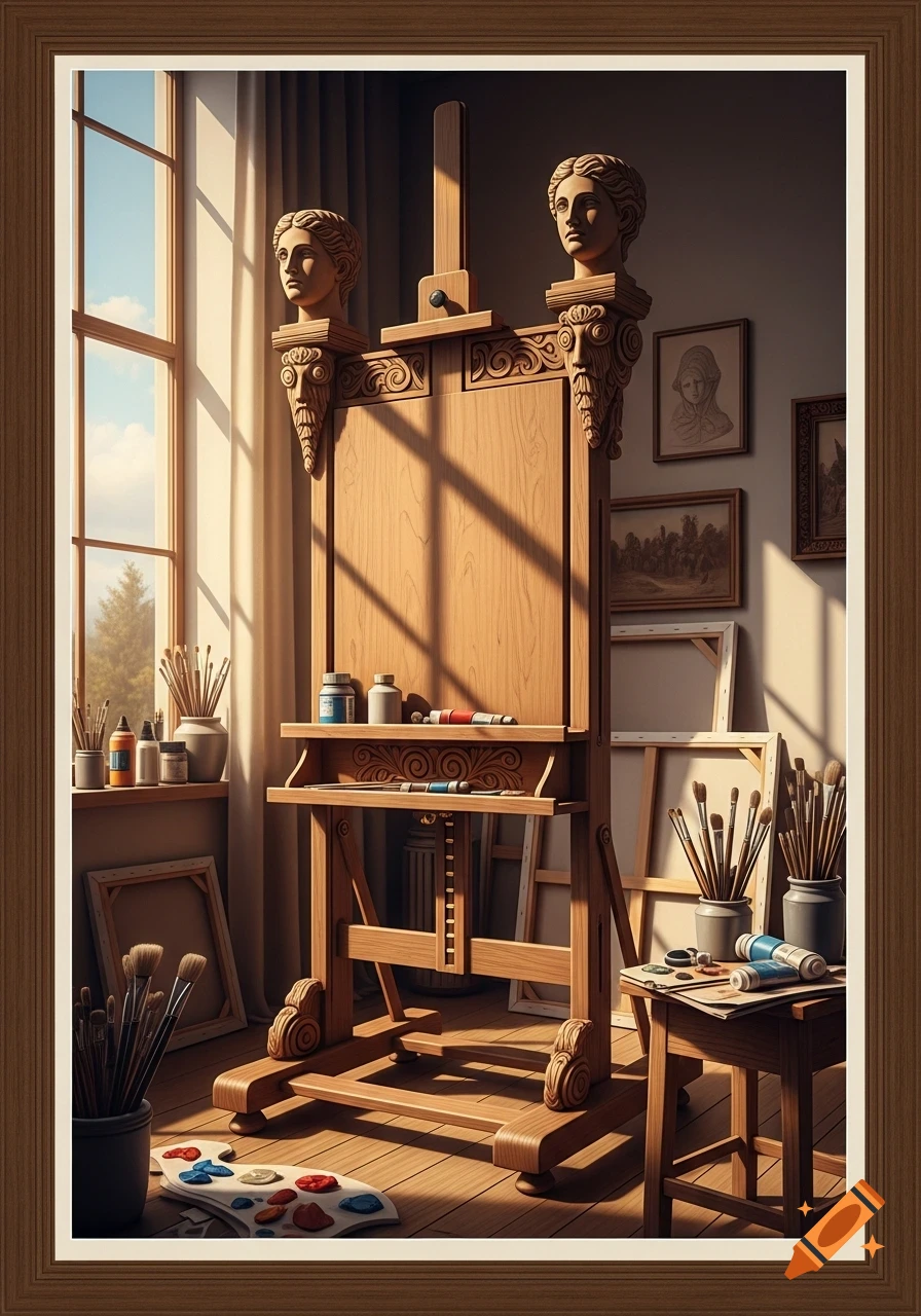 Ornate wooden art easel with sculpted Greek heads in a sunlit artist's studio, surrounded by brushes, paints, and framed artwork.