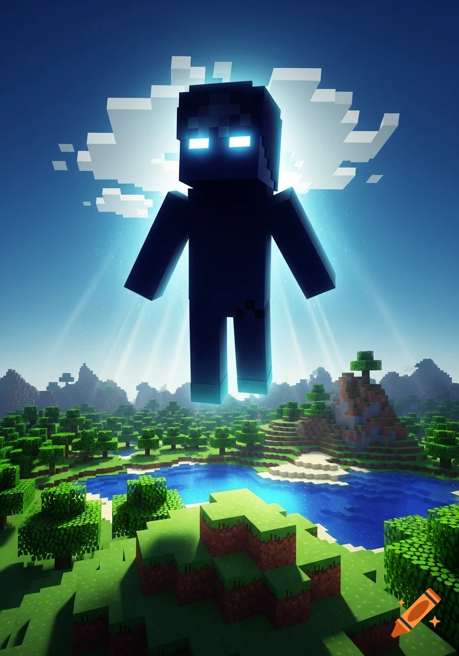 Herobrine, a dark blocky character with glowing white eyes, floats above a vibrant Minecraft-style landscape with trees and a lake.