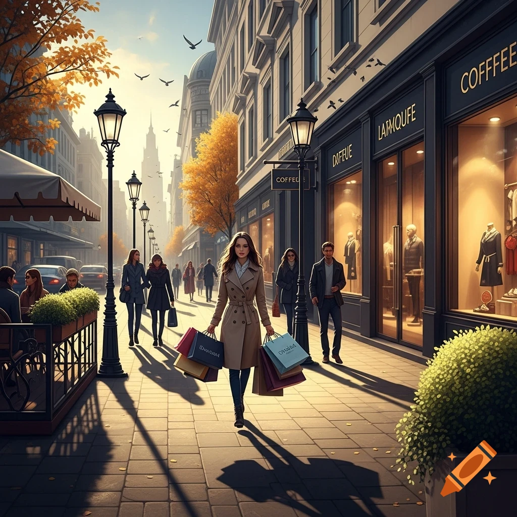 A woman in a trench coat walks down a sunny city street holding multiple shopping bags, with other pedestrians and shops in the background.
