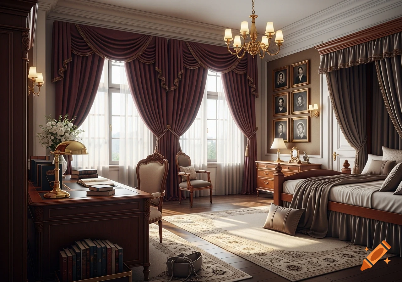 A luxurious, classically designed room with dark wood furniture, including a four-poster bed and a writing desk, rich burgundy curtains, and warm lighting.