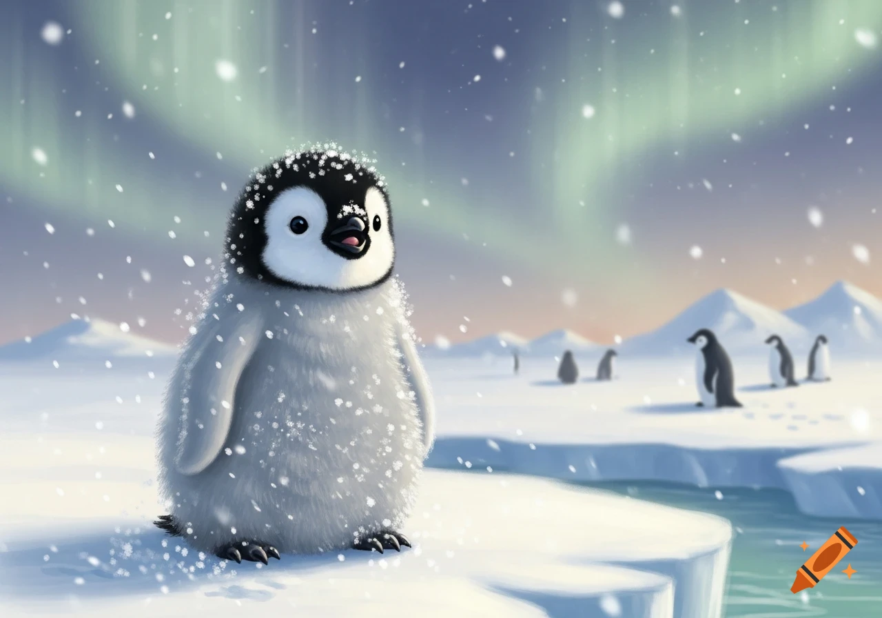 A fluffy baby penguin stands in falling snow on an ice floe under a sky with green aurora borealis. Other penguins are in the background.