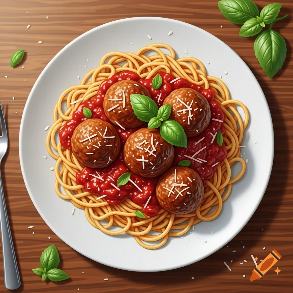 An overhead shot of a plate of spaghetti with meatballs, tomato sauce, grated cheese, and fresh basil, on a wooden table.