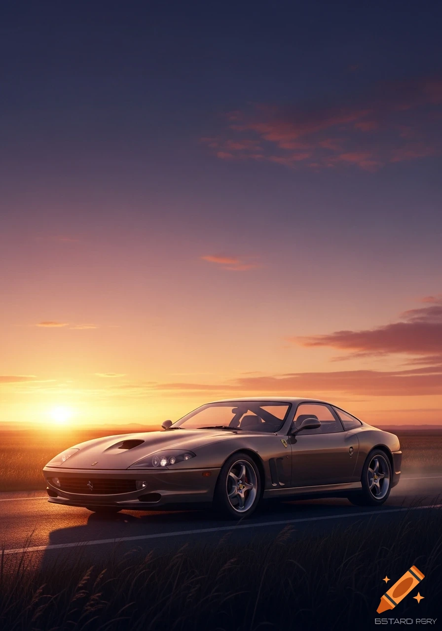 A bronze sports car parked on a road at sunset, with a vibrant orange and purple sky over a field.