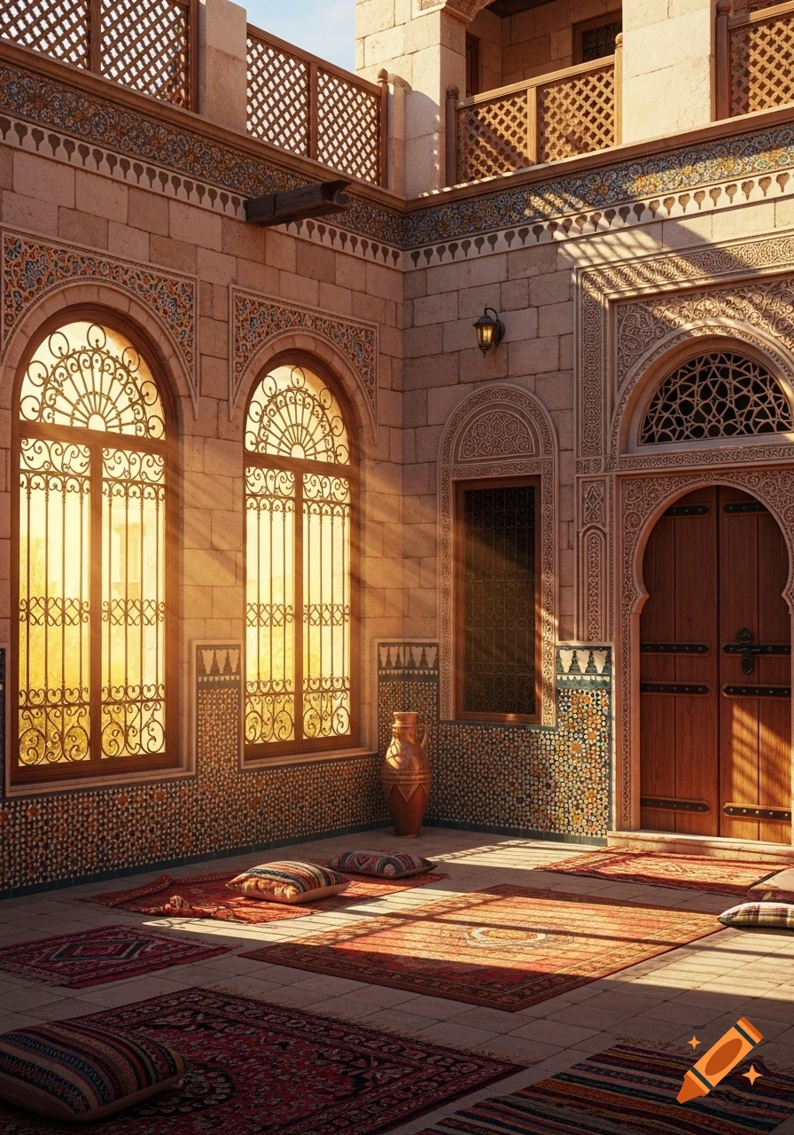 A sunlit courtyard in a traditional Middle Eastern building, featuring intricate tilework, ornate windows, wooden doors, rugs, and cushions on the floor.