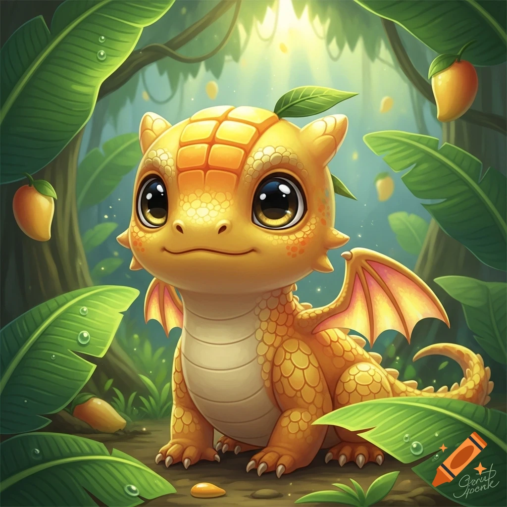 A cute, orange and yellow baby mango dragon with big eyes sits in a lush green jungle with hanging mangoes.
