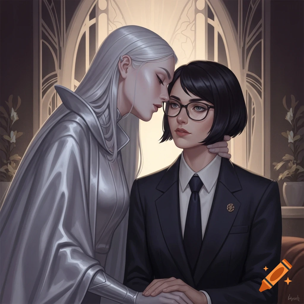 Two women, one with long silver hair in a flowing silver outfit and another with a bob and glasses in a suit, share an intimate embrace in an ornate room.