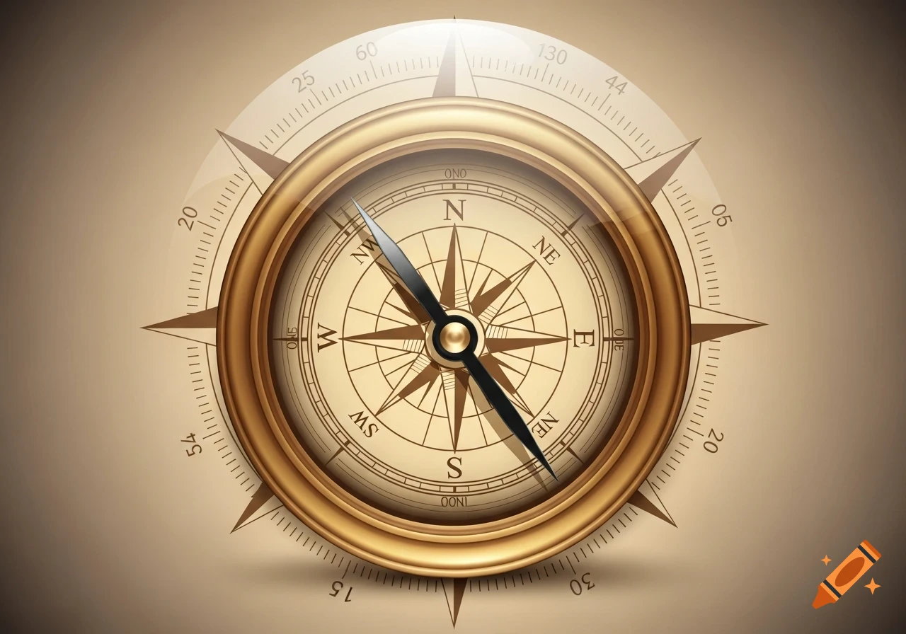 A stylized golden compass with cardinal directions and a needle pointing north, centered on a warm beige background.