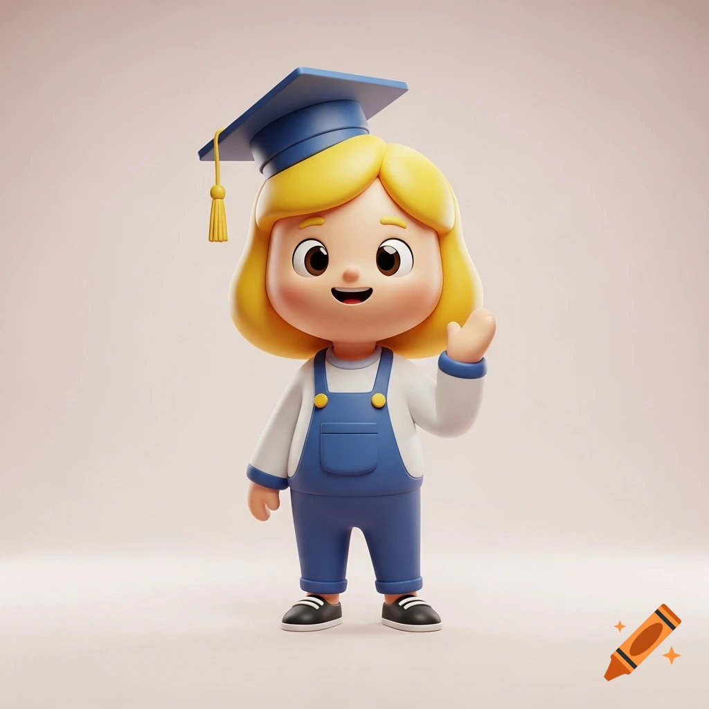A cute 3D cartoon child character with blonde hair, wearing a blue graduation cap and overalls, smiling and waving on a neutral background.