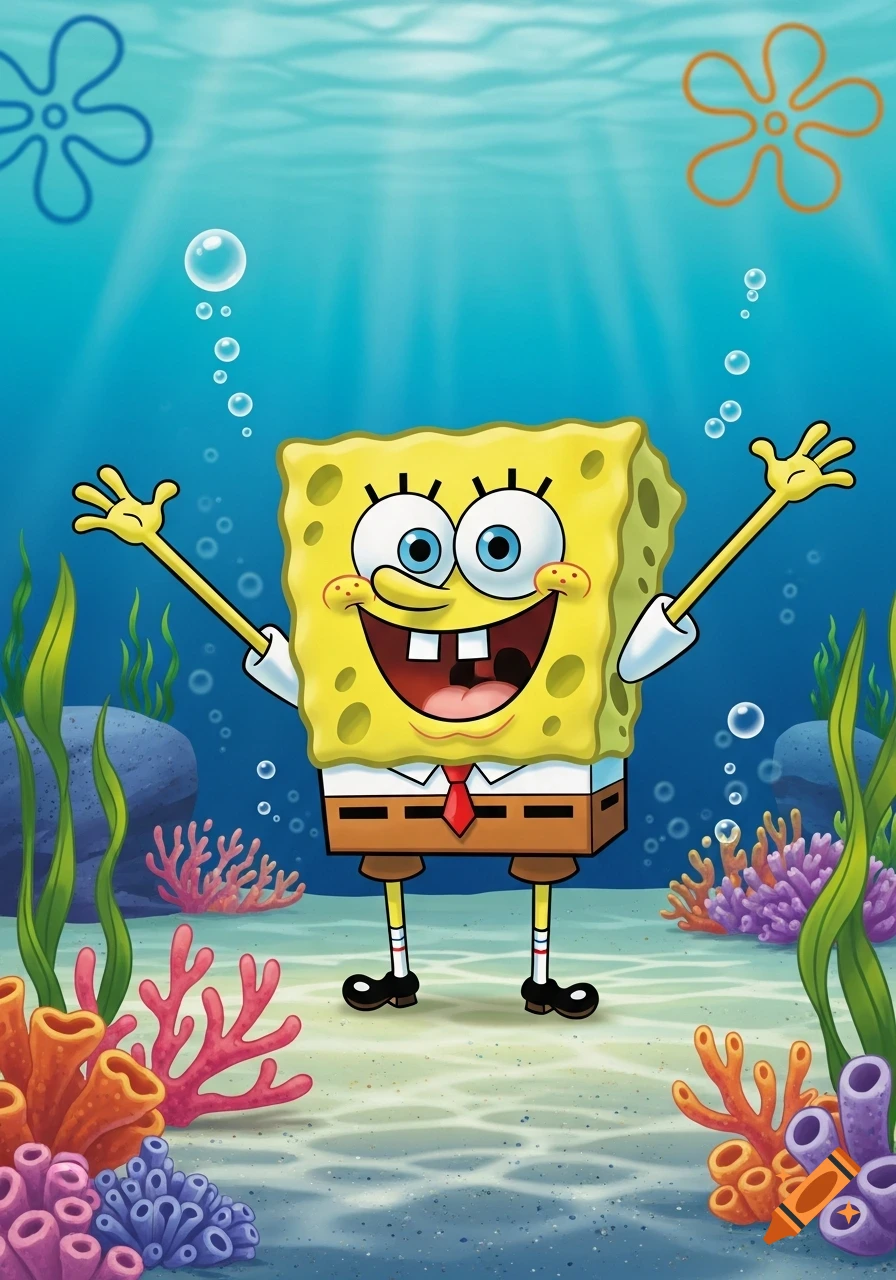 Spongebob Squarepants, a yellow sponge cartoon character, smiles underwater with arms raised, surrounded by colorful coral and seaweed.