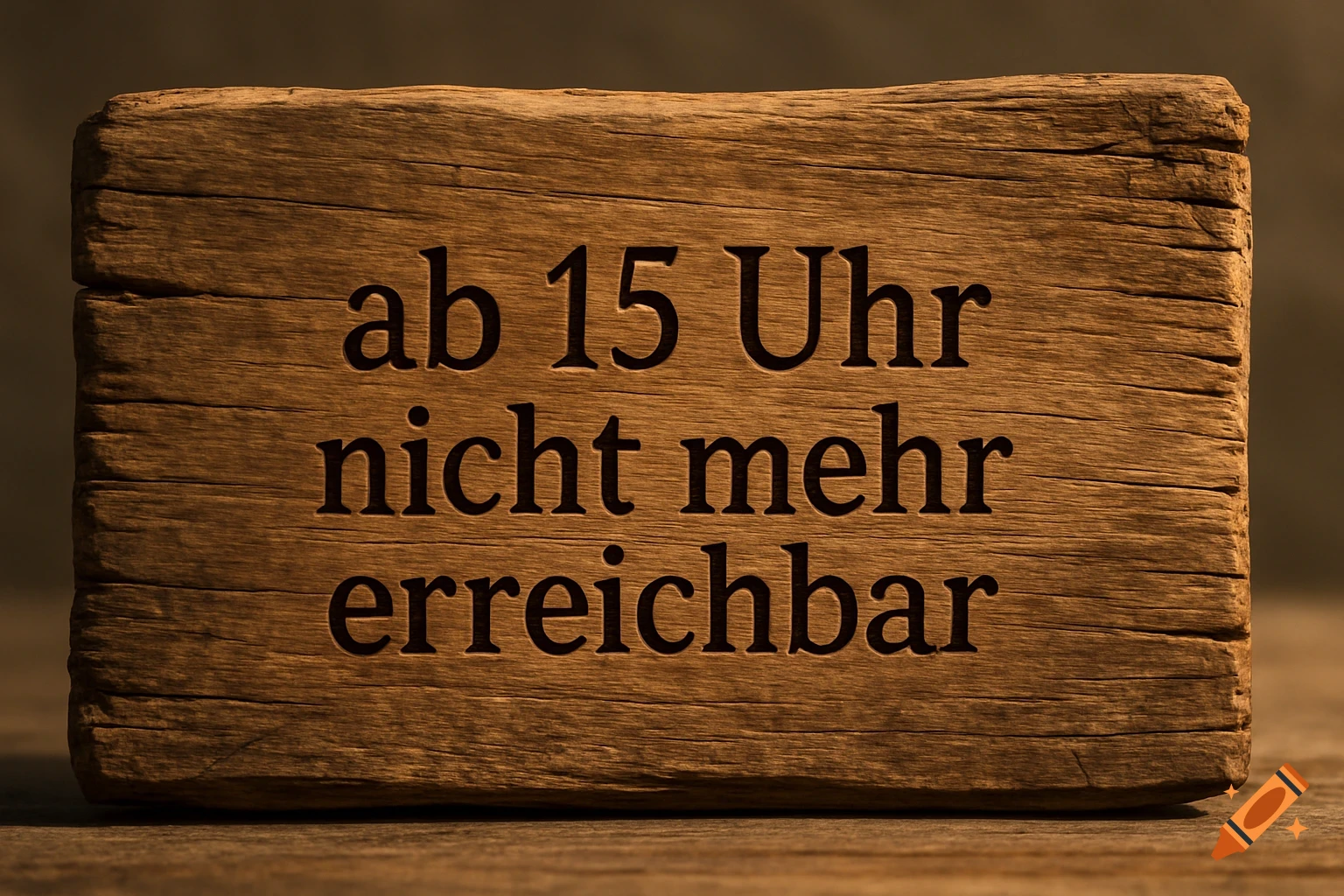 Close-up of a rustic wooden sign with the German text "ab 15 Uhr nicht mehr erreichbar" (not available after 3 PM) engraved on it.