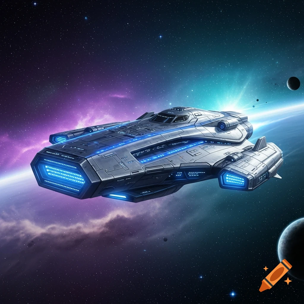 A sleek grey spaceship with glowing blue accents flies through a vibrant purple and teal nebula with planets and stars.