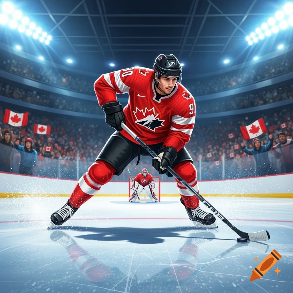 A dynamic illustration of a Canadian hockey player in a red jersey with a maple leaf logo, skating on an ice rink in a crowded stadium.