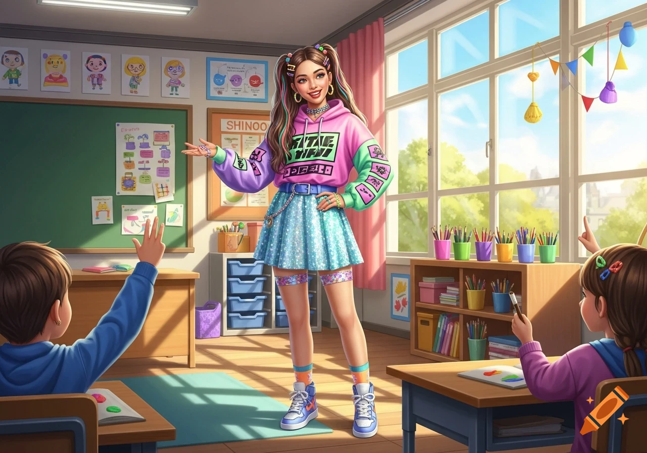 A vibrant cartoon shows a K-pop-styled teacher in a pink hoodie and blue sparkly skirt, smiling in a colorful classroom with two children at desks. One child raises a hand.
