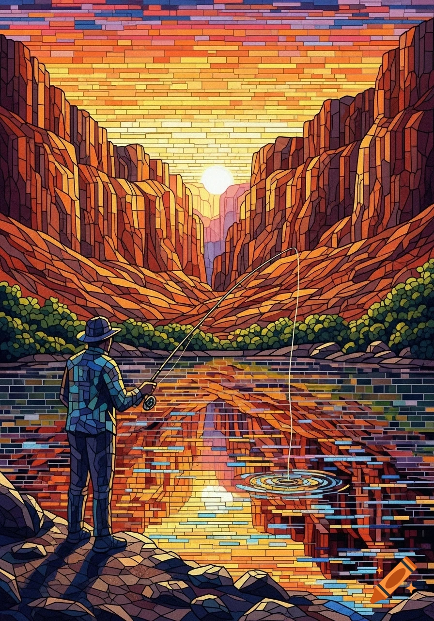 A person fishes in a river within a mosaic-style canyon at sunset, with warm colors reflecting on the water.