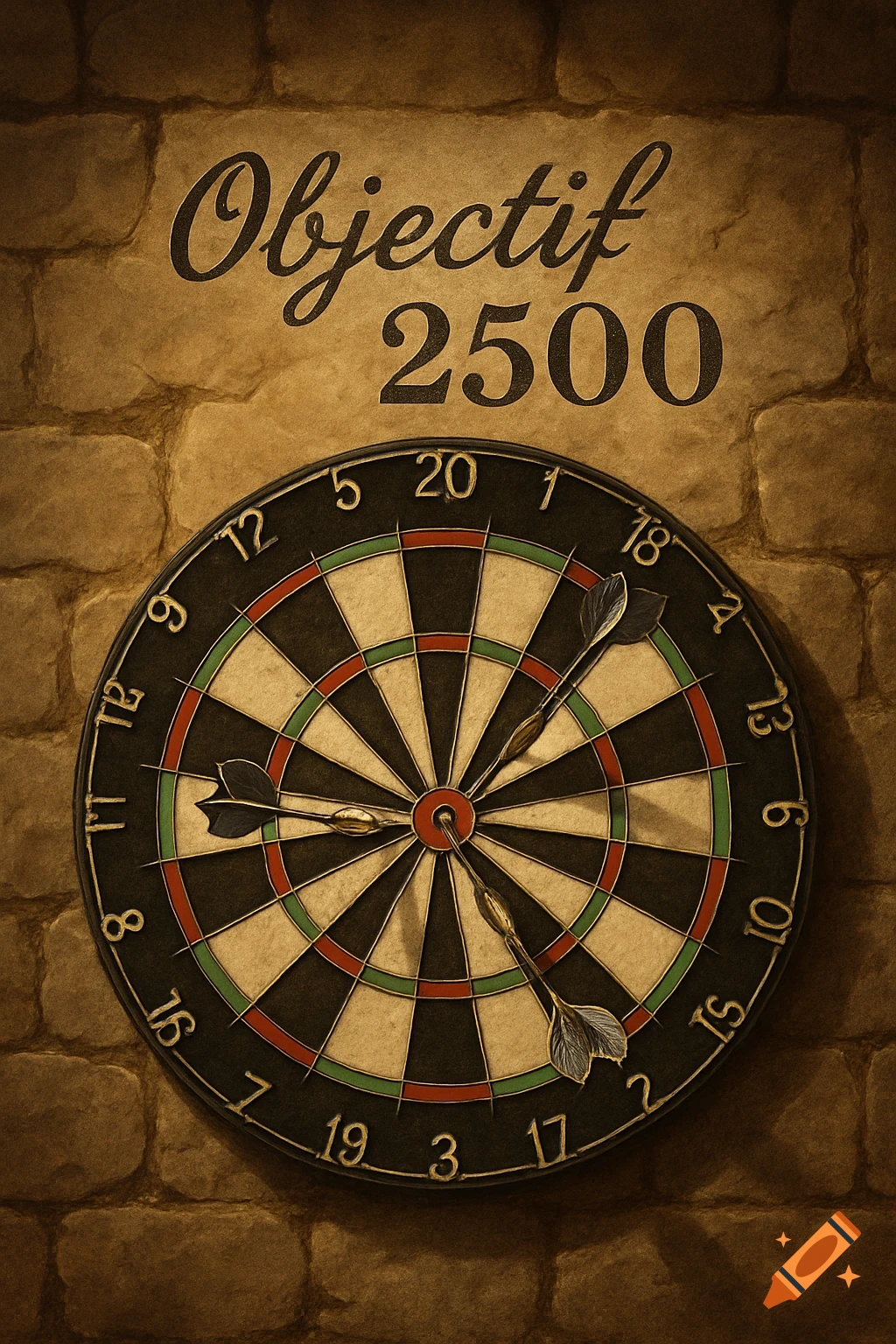 A dartboard with three darts stuck in it, two in the triple twenty and one in the bullseye, hangs on a brick wall with the text "Objectif 2500" written above it in a realistic style.