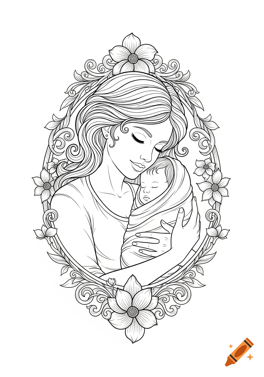 Black and white line art of a mother gently holding her swaddled baby, framed by ornate flowers.